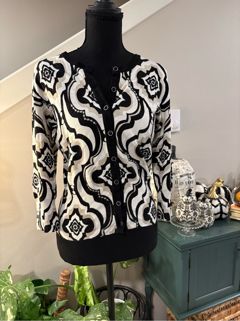 White House Black Market Black and White Geometric Button Cardigan